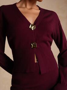 Vesra Cardigan asimmetrico in maglia con bottoni, design di alta qualità, set da 2 pezzi, moda casual minimalista da donna - Bordò - Visualizzare 5