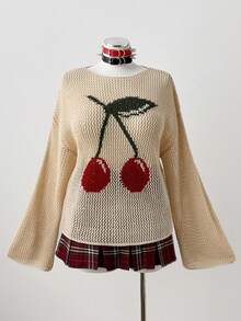 Sunspun Áo len Jacquard cổ tròn tay dài dáng rộng khoét lỗ màu khối - Màu be - Xem 2