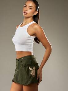 Missguided x Playboy 复古细节工装泡泡迷你裙，高腰实用设计，侧袋，秋季节日装扮，个性下装，Y2K 时尚街头风荷叶边 - 軍綠色 - 查看 6