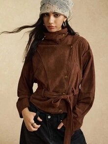 Easelle Women's Vintage Dark Brown Front Button Stand Collar Woven Jacket, Autumn Winter Clothes For Women - Brown - View 6