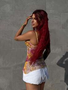 Bearsaez Spaghetti Strap Lace Trim Waist Cinched Vintage Ombre Floral Print Ruffle Hem Camisole Top, Summer - Multicolor - View 2