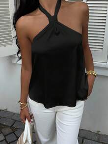 MainGRL 女士性感纯色缎面露背吊带衫，夏季黑色缎面吊带背心，黑色吊带衫，黑色露背吊带衫，女士黑色无袖上衣 - 黑色 - 查看 8