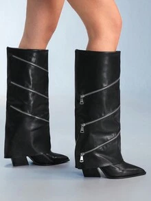 CUCCOO GRLICON Women's Black Patchwork Tall Boots, Western Style Stacked Heel Pointed Toe Boots - Black - View 1