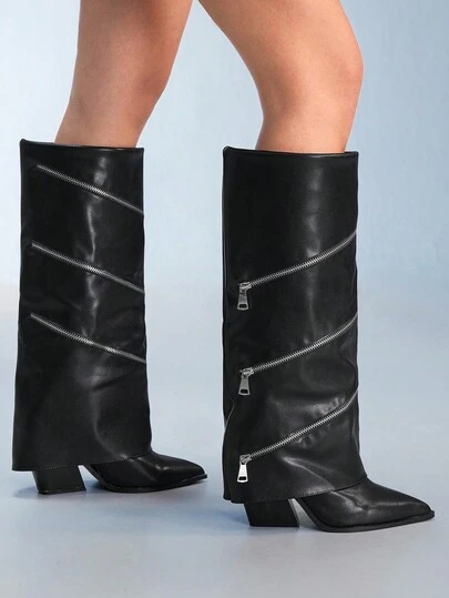 CUCCOO GRLICON Women's Black Patchwork Tall Boots, Western Style Stacked Heel Pointed Toe Boots