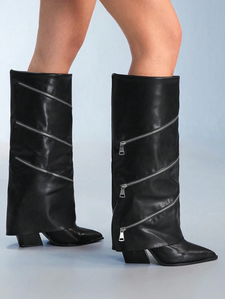 CUCCOO GRLICON Women's Black Patchwork Tall Boots, Western Style Stacked Heel Pointed Toe Boots - Black - View 1