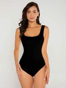 SHEIN BASICS Body de unicolor con escote cuadrado y ajuste ceñido, atuendo de verano para mujer - Negro - Ver 4
