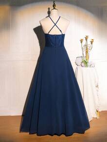 Váy không tay cổ yếm ren chiffon thanh lịch dành cho bé gái tuổi teen, thích hợp cho lễ tốt nghiệp, đám cưới, vũ hội, Halloween, Giáng sinh, màu xanh, thích hợp cho trẻ em từ 10 đến 15 tuổi - Màu xanh hải quân - Xem 2