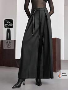 Ontre 女士黑色宽松百搭阔腿西装裤，带侧袋，正面倒褶设计，优雅精致的都市休闲商务装 - 黑色 - 查看 1