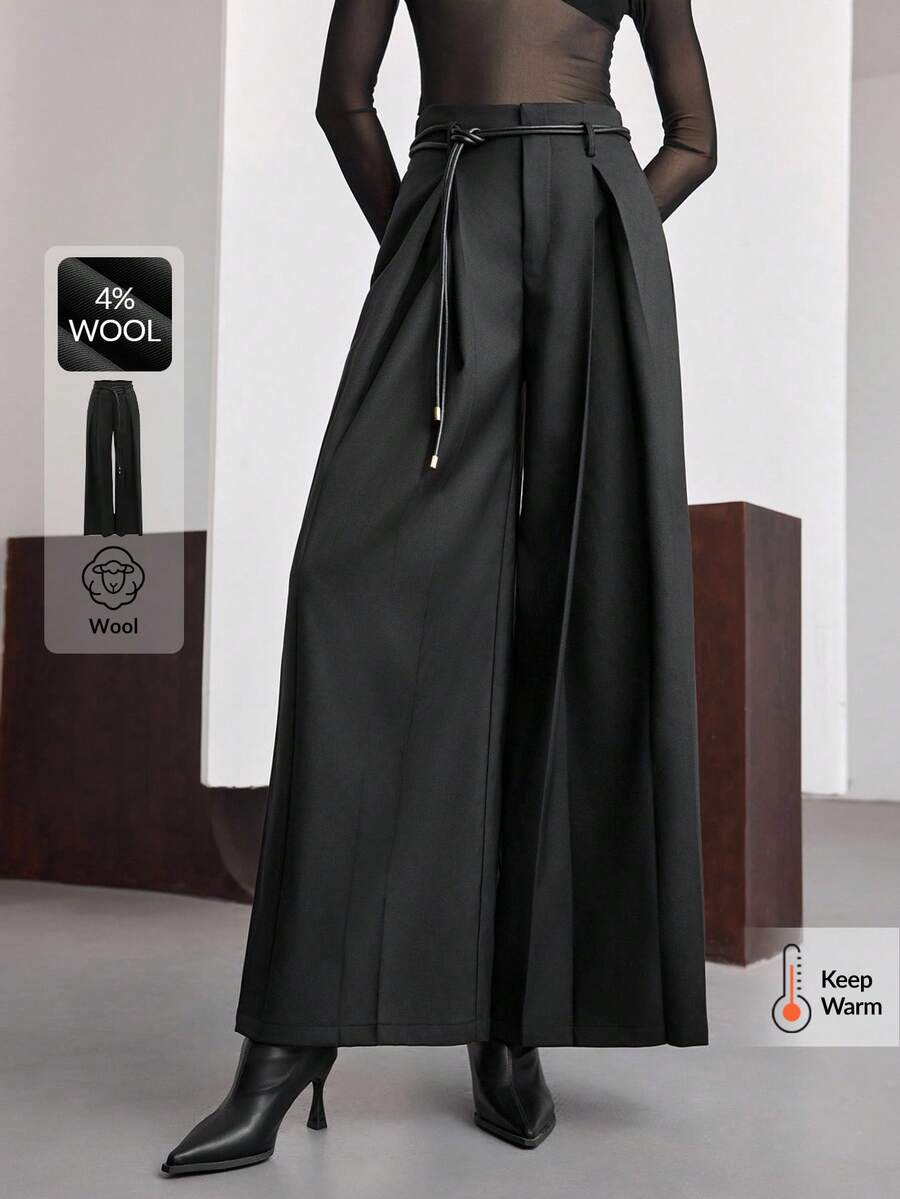 Ontre 女士黑色宽松百搭阔腿西装裤，带侧袋，正面倒褶设计，优雅精致的都市休闲商务装 - 黑色 - 查看 1