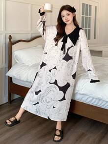 DAZY ثوب نوم نسائي فضفاض طويل مطبوع بالكامل بألوان متباينة، ذو ياقة كبيرة، للشتاء - كاكي - مشاهدة 8