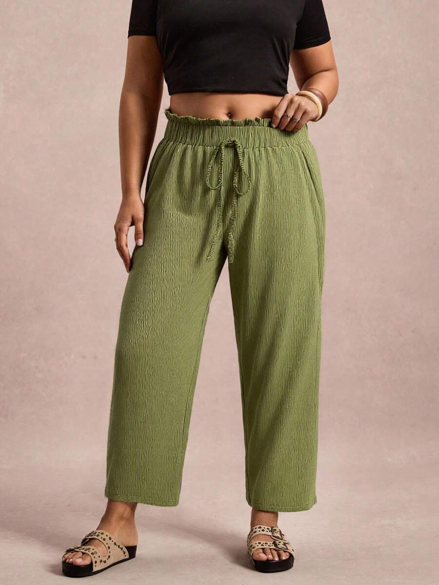 Freevana Quần dài họa tiết màu trơn thường ngày cỡ lớn có thắt lưng - xanh quân đội - Xem 1