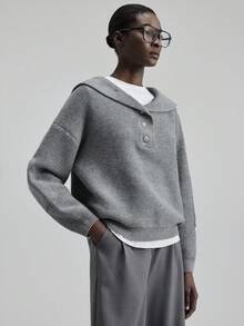 Ontre 2025新款针织混纺派对/新年毛衣，秋冬女装，适合外出、教师、俱乐部、秋冬季、女士商务休闲、复古风、休闲日常通勤、优雅通勤灰色单排扣翻领开衫毛衣，女士针织上衣，适合万圣节、圣诞节、情人节、感恩节、长袖、女士办公服、女士外套，流行纯色时尚百搭女士毛衣 - 灰色 - 查看 3