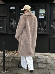 Elyressa Women's Faux Fur Collar Long Coat Jacket - Brown - View 2