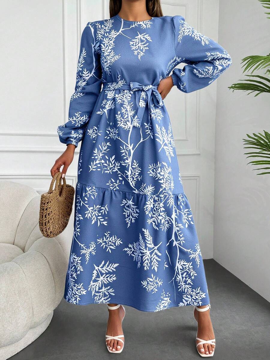 RueChic In Thực vật Xù Hoa Sen Váy có thắt lưng - Màu xanh lam - Xem 1