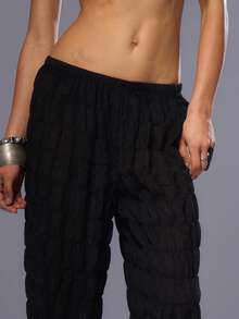 MUSERA Ruched Textured Straight Leg Trousers Summer 90's Boho, Elegant, Holiday , , Winter, Back To School Winter - Black - View 5