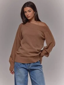 MUSERA Knit Ribbed Asymmetrical Shoulder Long Sleeve Cuffed Hem Jumper Airport Holiday Winter Everyday - Brown - View 3