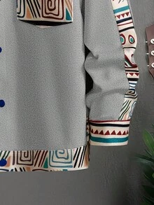 Manfinity Homme Loose Fit Men Geo Print Flap Pocket Jacket, Fall - Light Grey - View 4