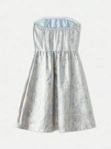 Váy ngắn Jacquard họa tiết hoa màu xanh nhạt và vàng không quai, váy dự tiệc, trang phục mùa thu cho nữ, trang phục mùa thu, trang phục mùa thu cho nữ, mùa thu đông - Màu xanh nhạt - Xem 9