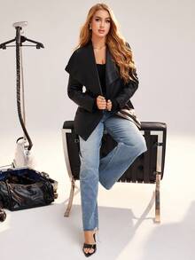 SHEIN Unity 女式 PU 皮革翻领斜口袋风衣 - 黑色 - 查看 6
