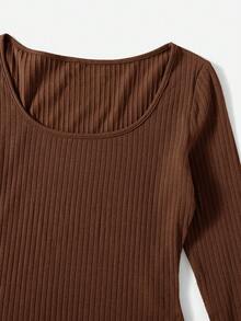 SHEIN EZwear Bodysuit Lengan Panjang Ketat dengan Leher Bulat dan Potongan Pas Badan, Ukuran Plus, Warna Polos - Coklat - View 5