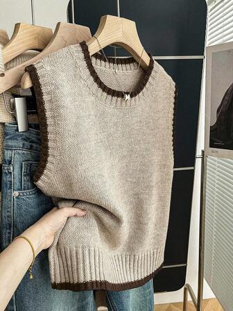 Franclia Casual Loose Crew Neck Sleeveless Knit Contrast Trim Khaki Sweater Top For Women, Spring/Autumn