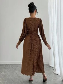 DAZY Brown Midi Dress With Flared Skirt, Fitted Waist, Shiny For Wedding, Party, Banquet, Suitable For Autumn, Spring & Summer - Brown - View 4