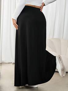SHEIN CURVE+ Plus Size Women Black High Waist Casual Mid-Length Skirt - Black - View 2