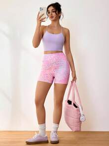 SHEIN Sovereign Charm Quần short họa tiết da báo nhiều màu có túi dành cho nữ, đồ thể thao - Hồng - Xem 5