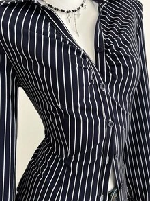 SHEIN Unity 女士休闲时尚通勤日常百搭海军蓝和白色条纹褶皱腰灯笼袖衬衫，秋冬 - 彩色 - 查看 5