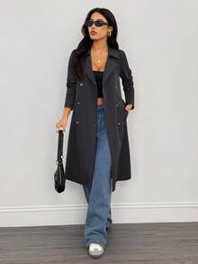 SHEIN PETITE 女士复古长袖风衣，冬季，新年夜，商务长款外套风衣 - 灰色 - 查看 3