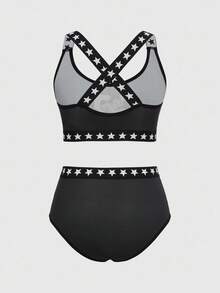 Astro Boy X ROMWE Women's Star Strap Cartoon Pattern Wireless Sports Bra & Brief Set - Black - View 2