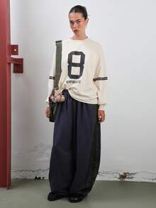 COUREZ Quần thể thao bóng bay ống rộng cạp trễ có phần hở bên hông / Trang phục đi chơi Y2K Quần áo mùa thu cho nữ Quần áo mùa đông cho nữ Rave Casual Sport Gym - Xanh đậm - Xem 5