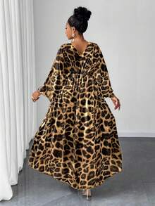 Maweii Váy tay cánh dơi họa tiết da báo cỡ lớn dành cho nữ, thích hợp để đi làm - Cà phê nâu - Xem 2