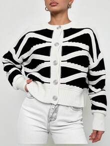 EURMUSE Allover Pattern Drop Shoulder Cardigan - Black - View 4