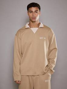 Musero Oversized Relaxed Long Sleeve Contrast Collar Premium Top "EST24" Slogan Top Only Fall/SPRING SUMMER - Brown - View 1