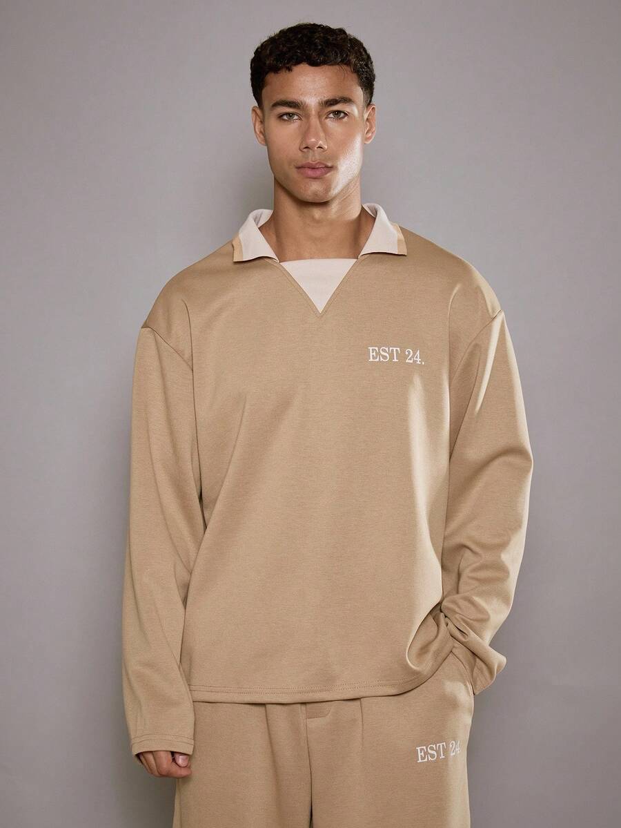 Musero Oversized Relaxed Long Sleeve Contrast Collar Premium Top "EST24" Slogan Top Only Fall/SPRING SUMMER - Brown - View 1