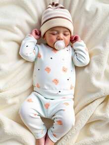 SHEIN 2件套新生儿可爱小熊图案上衣和裤子，婴儿男女通用春秋冬季套装 - 藍色 - 查看 1