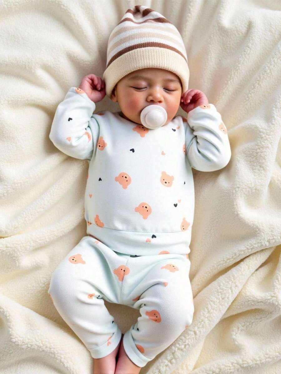 SHEIN 2件套新生儿可爱小熊图案上衣和裤子，婴儿男女通用春秋冬季套装 - 藍色 - 查看 1