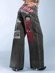 Betty Boop | ROMWE Y2K复古街头风卡通人物图案天使恶魔宽松牛仔裤 - 灰色 - 查看 4