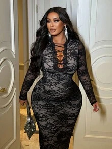 NU&NOW Váy dự tiệc cổ chữ V sâu, viền hoa, ren mỏng gợi cảm cỡ lớn dành cho nữ, thiết kế thời trang cho buổi tối đi chơi, Halloween, Giáng sinh, sinh nhật, thu/đông - màu đen - Xem 6