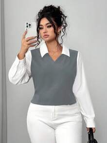 Elenzga 女士优雅通勤休闲简约时尚百搭舒适面料衬衫领长袖常规设计黑白加大码衬衫，适合春季、夏季、秋季 - 灰色 - 查看 1