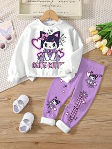 SHEIN 2 件套年轻女孩休闲可爱经典心形图案、娃娃图案印花圆领长袖运动衫和紧身裤，适合秋冬季 - 彩色 - 查看 2