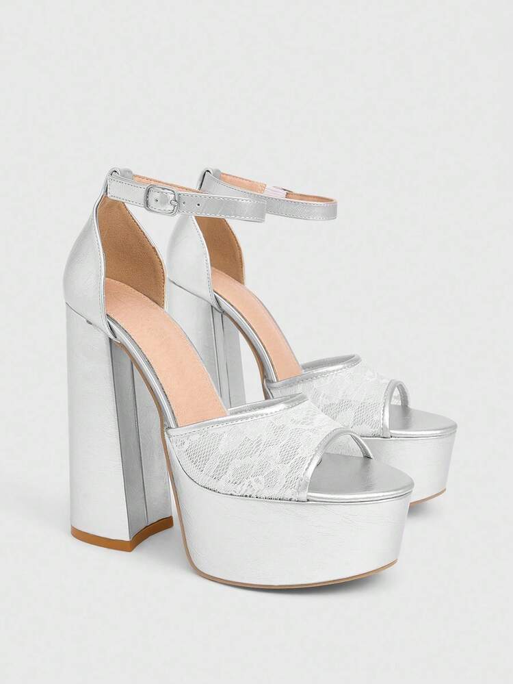 CUCCOO LuxiPop Women's Outdoor Round Toe Thick High Heel Waterproof Platform Shoes, Silver Embroidered Mesh Fabric, Fashion Elegant Comfortable For Daily, Party, Wedding, Buckle Strap Sandals