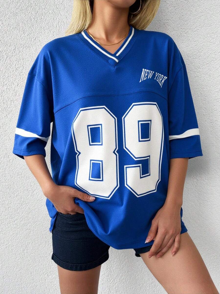 EURMUSE Letter Graphic Contrast Trim Drop Shoulder Tee - Royal Blue - View 1