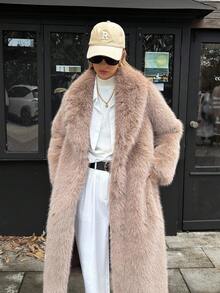 Elyressa Women's Faux Fur Collar Long Coat Jacket - Brown - View 4