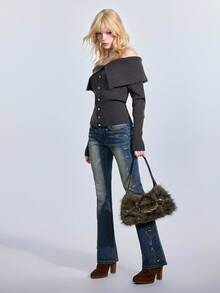 ROMWE Grunge Punk Y2K 仿皮草链条单肩包，朋克哥特式蓬松流浪包，街头风格手提包 - 咖啡棕 - 查看 3