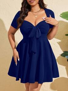 Flirla Vestido ajustado de manga corta con lazo delantero sexy para mujer de talla grande, verano - Azul Marino - Ver 5