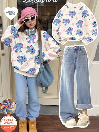 SHEIN Tween Girl Fashion Casual Y2k Vintage Cool Street Returns To School College Blue Denim Fleece Sole Warm Comfortable And Loose Jeans Soft Dailywear And Winter And Fall Rave Festival And Streetwear School
