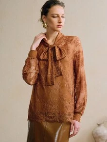Arave Women's Brown Floral Elegant Lace Fabric Drop Shoulder Loose Blouse,Autumn Office Shirt Tops With Ribbon Collar Design,Fall Clothes For Ladies - Coffee Brown - View 7