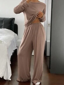 DAZY Simple & Comfortable Solid Color Wavy Hem Knit Loungewear Set For Women , Cozy Outfit Fall Winter Clothes - Khaki - View 7